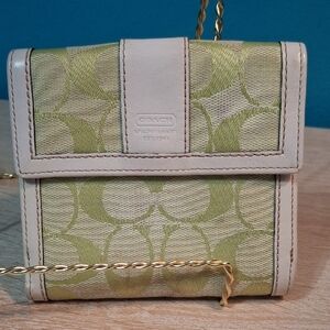 Vintage Coach Signature Canvas Trifold Light Green and Cream Wallet